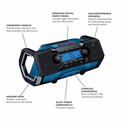 Imagem de Rádio do local de trabalho Bosch GPB18V-2CN 18V Bluetooth 5.0 30m de alcance