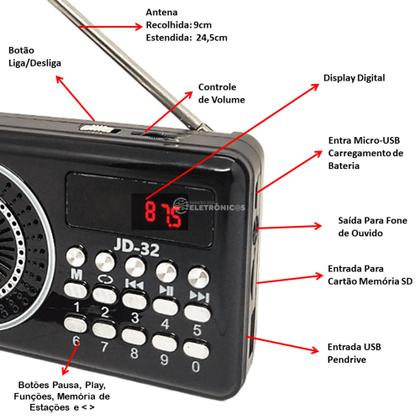 Imagem de Rádio Fm Portátil Com Bluetooth Mp3 Bateria Recarregável JD32