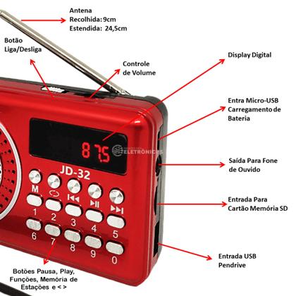 Rádio Fm Portátil Com Bluetooth Mp3 Recarregável USB JD32 - LTOMEX