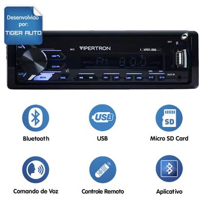 Imagem de Radio MP3 1 Din Vipertron com Bluetooth e Comando Voz 4 Canais 45W Rms