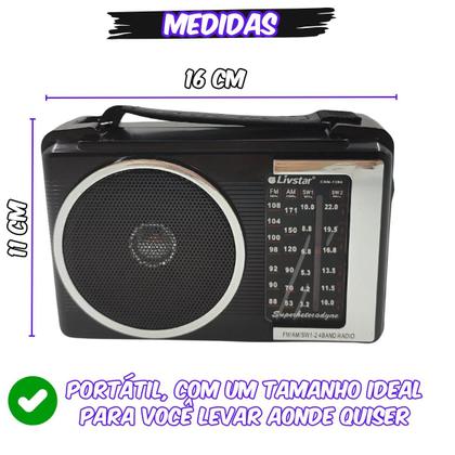 Imagem de Rádio Portátil Livstar Preto 4 Faixa AM FM Bivolt 110V e 220V Pilha ou Tomada com Alça e Antena