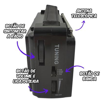 Imagem de Rádio Portátil Livstar Preto 4 Faixa AM FM Bivolt 110V e 220V Pilha ou Tomada com Alça e Antena