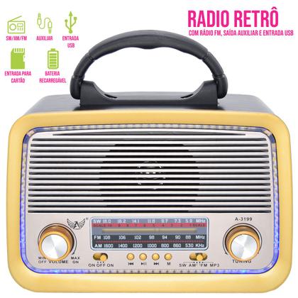 Imagem de Rádio Retrô com 3 Bandas AM/FM/SW, USB, Cartão de Memória e Lanterna LED