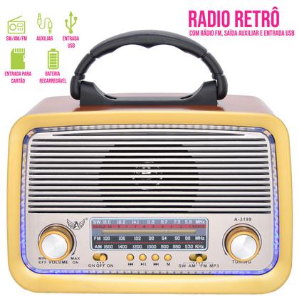 Imagem de Rádio Retrô com 3 Bandas AM/FM/SW, USB, Cartão de Memória e Lanterna LED