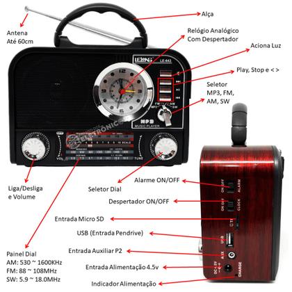 Imagem de Rádio Retrô Com Relógio função bluetoothe 4 Bandas AM/FM/SW Recarregável USB e SD  LE643