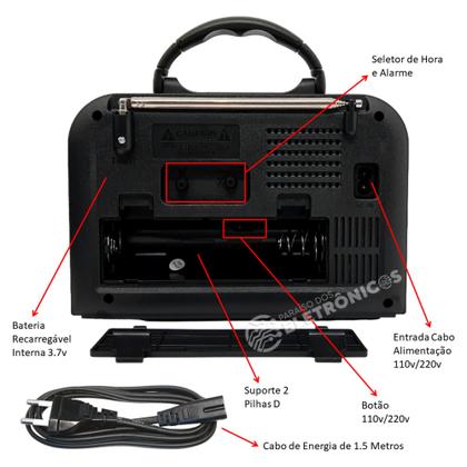 Imagem de Rádio Retrô Com Relógio função bluetoothe 4 Bandas AM/FM/SW Recarregável USB e SD  LE643
