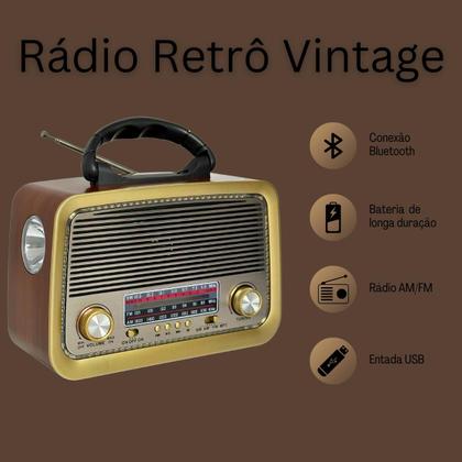 Imagem de Radio Retro Vintage AM FM Bluetooth USB Recarregavel com Lanterna 