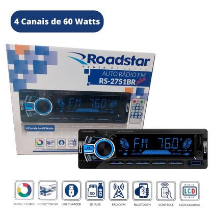 Imagem de Rádio Som Automotivo Bluetooth 2 Usb Sd Fm Mp3 Roadstar RS-2751BR Plus