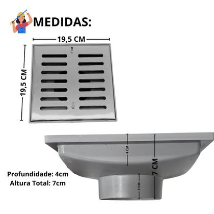 Imagem de Ralo 20x20 Inox 304 com Abre Fecha Coletor Cinza Saída de 100mm