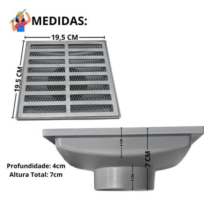 Imagem de Ralo Anti Cheiro 20x20 Alumínio Reto Coletor Cinza Saída Baixa para tubo 100mm e Dupla proteção e Sifão