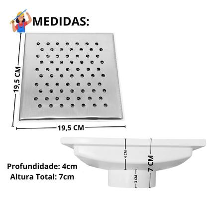 Imagem de Ralo Anti Cheiro 20x20 Inox 304 Perfurado Coletor Branco Saída Baixa tubo de 100mm