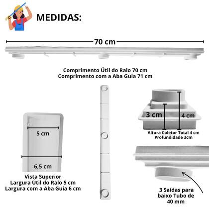 Imagem de Ralo Baixo para Apartamento e Laje 70cm Alumínio Branco Cocho Raso Branco com Tela