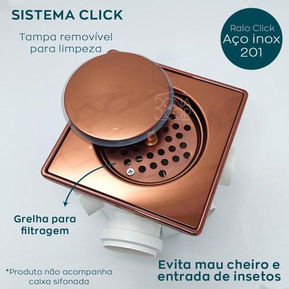 Imagem de Ralo Click E Porta Grelha Rose Gold Inox 15x15 Kit Banheiro Caixilho Quadrado Suporte Ralo Inteligente Antiodor 15cm Tampa Caixa Sifonada Brilhoso