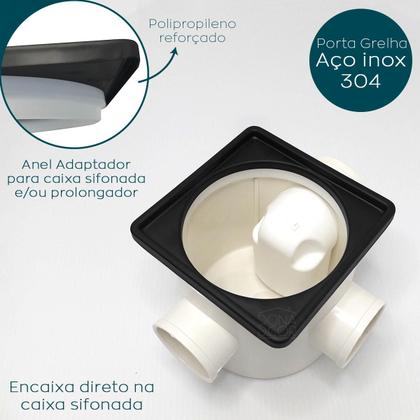 Imagem de Ralo E Porta Grelha Preto Fosco Inox 10x10 Quadrado Kit Banheiro Tampa Abre e Fecha Rotativo Com Fecho Caixilho Suporte Grelha Tampa Caixa Sifonada