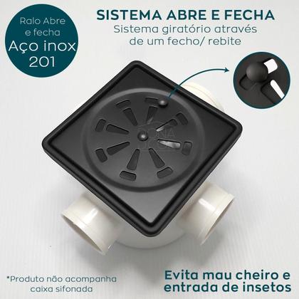 Imagem de Ralo E Porta Grelha Preto Fosco Inox 10x10 Quadrado Kit Banheiro Tampa Abre e Fecha Rotativo Com Fecho Caixilho Suporte Grelha Tampa Caixa Sifonada
