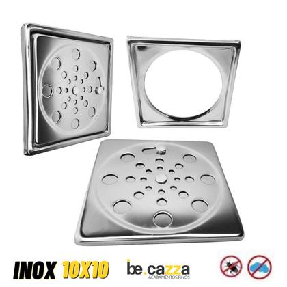 Imagem de Ralo Grelha Tampa Inox 10x10 CM para Banheiro Lavabo Área Externa Quadrado com Caixilho - Com Fechamento