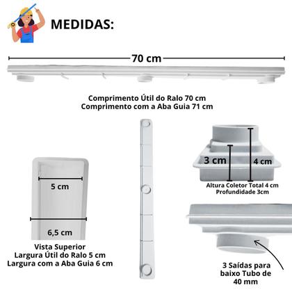 Imagem de Ralo Linear 5cm x 70cm Quadrados Inox 304 Coletor Raso 3cm Branco