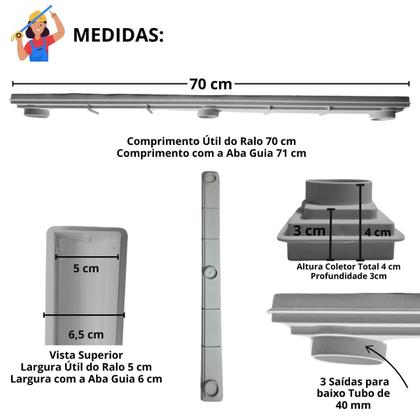 Imagem de Ralo Linear 5x70 Alumínio Cinza Coletor Raso 3cm Banheiro Cinza
