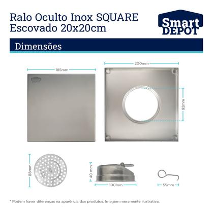 Imagem de Ralo Oculto De Aço Inox Escovado Quadrado Tampa Invisível Sem Borda 20x20cm Smart Depot