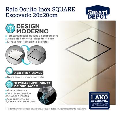 Imagem de Ralo Oculto De Aço Inox Escovado Quadrado Tampa Invisível Sem Borda 20x20cm Smart Depot