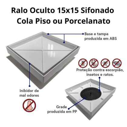 Imagem de Ralo para Banheiro 15x15 Oculto invisível Embutido Cola Piso / Porcelanato Anti inseto e Anti Odor