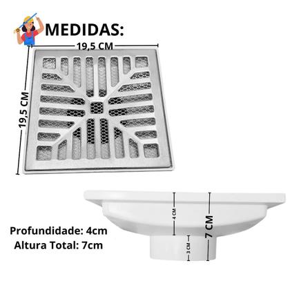 Imagem de Ralo Pluvial 20x20 Alumínio Concava Coletor Branco Saída Baixa de 75mm e Dupla Tela contra insetos