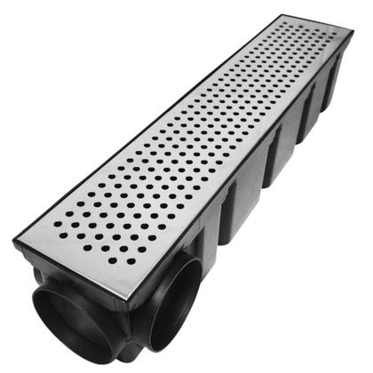 Imagem de Ralo Quintal 10x50 Inox Perfurado Coletor Preto Saídas 75mm Borda de Piscina