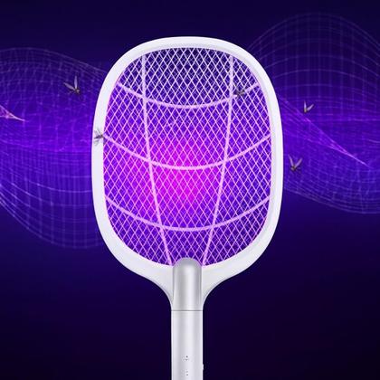 Imagem de Raquete Elétrica Mata Insetos Recarregável com Base e Luz UV LED USBC  Mata Mosquitos e Pernilongos 2 em 1 Portátil e Segura
