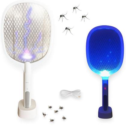 Imagem de Raquete Elétrica Mata Insetos Recarregável com Base e Luz UV LED USBC  Mata Mosquitos e Pernilongos 2 em 1 Portátil e Segura