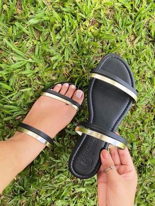 Imagem de Rasteirinha feminina com tira lisa dupla de duas cores sola reta com bico redondo sandalha adulta