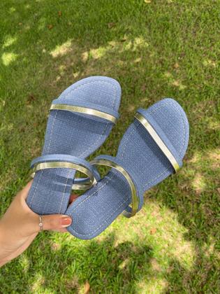 Imagem de Rasteirinha feminina com tira lisa dupla de duas cores sola reta com bico redondo sandalha adulta