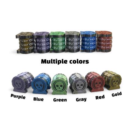 Imagem de Rastreador de saúde Lixusia Life Counter para jogos de tabuleiro, TTRPGs e jogos de cartas com símbolo de caveira, compatível com MTG, 2 rodas azuis com números brancos