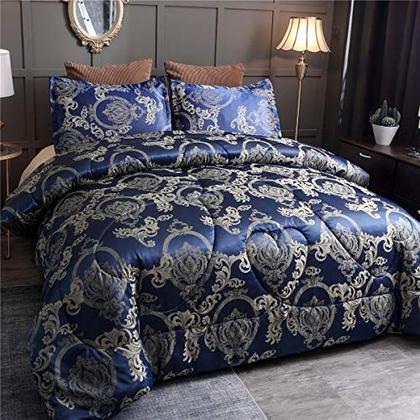 Imagem de Raytrue-X Queen Comforter Set Cobertor de seda de cetim All Season Bed Comforter Queen Set Luxury Royal Blue Jacquard Quilt Bedding Sets Matching 2 Pillow Shams (Full/Queen, 88x88 polegadas, 3 peças)