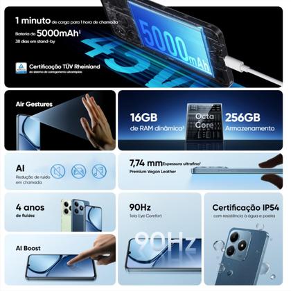 Realme C63 NFC 256GB 128GB 12GB RAM, Câmera 50MP, Tela 6.74, Resistente ...
