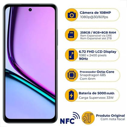 Imagem de Realme C67 256GB 8GB RAM Preto 4G com flash LED duplo lente traseira f/1.75 lente selfie f/2.05 e bateria 5000 mAh