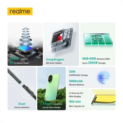 Imagem de Realme C67 256GB 8GB RAM Preto 4G com flash LED duplo lente traseira f/1.75 lente selfie f/2.05 e bateria 5000 mAh