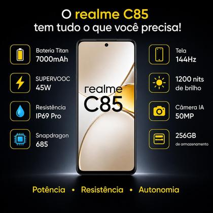 Imagem de Realme C85 256GB 8GB NFC Bateria 7000mAh 45W Snapdragon 685 Tela 6.8 144Hz Dual Chip Celular para jogos