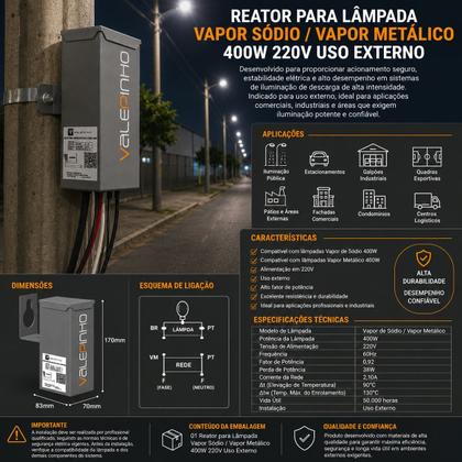 Imagem de Reator para lâmpada vapor sódio/metálico 400w 220v(uso externo)