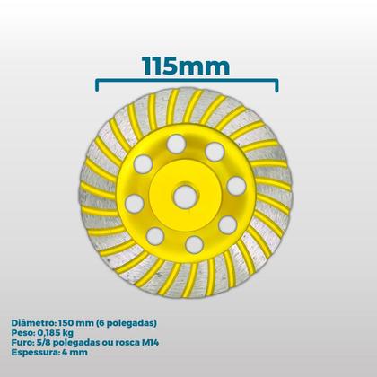 Imagem de Rebolo Diamantado MRD Menegotti 115MM Rosca M14 Disco Para Desbaste De Concreto Granito E Pedra Composição Aço Carbono Diamantado Construção Civil