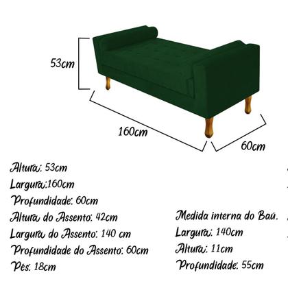 Imagem de Recamier Baú Félix Queen Size 160cm Suede Verde - Doce Sonho Móveis