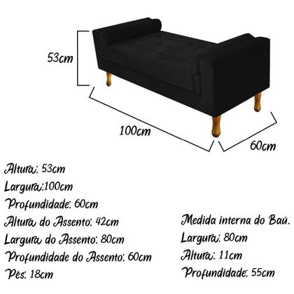 Imagem de Recamier Baú Félix Solteiro 100cm Suede Preto - Doce Sonho Móveis