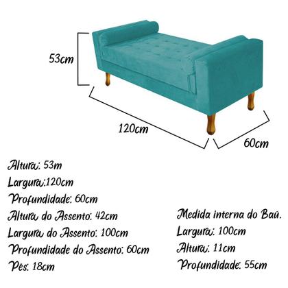 Imagem de Recamier Baú Félix Solteiro 120cm Suede Azul Turquesa - ADJ Decor