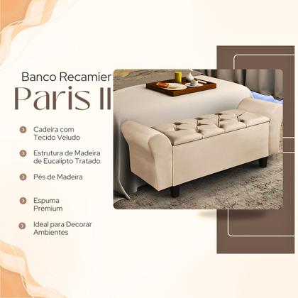 Imagem de Recamier Baú Puff Estofado Cama Solteiro 90cm Para Quarto Sala Calçadeira Organizador Guarda Objetos com Capitonê Tecido Veludo Envio Já Paris II