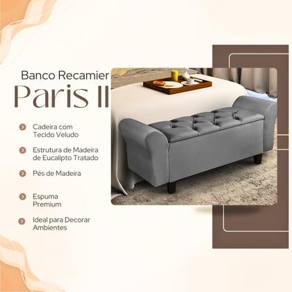 Imagem de Recamier Baú Puff Estofado Cama Solteiro 90cm Para Quarto Sala Calçadeira Organizador Guarda Objetos com Capitonê Tecido Veludo Envio Já Paris II