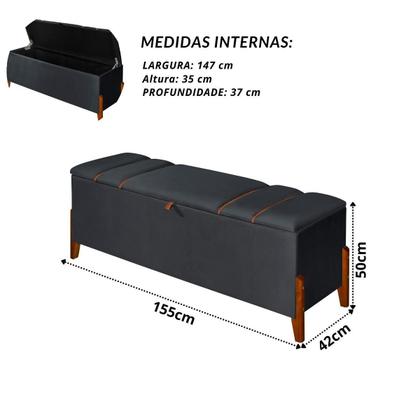 Imagem de Recamier Baú Retro Sapateira Quarto E Sala Pés Madeira Casal Roma 150cm Luxo Moderno Para Cama Casal