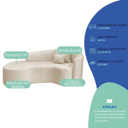 Imagem de Recamier Curvo Orgânico 180cm 3 Lugares Lado Esquerdo para Sala de Estar Bouclé Londres Bege
