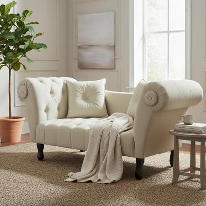 Imagem de Recamier Decorativo Divã Dubai Suede Bege Pés Madeira Mz Decor