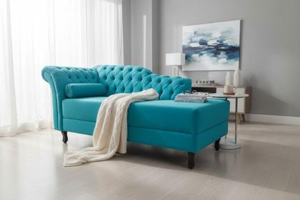 Imagem de Recamier Decorativo Divã Styllus Lado Direito Veludo Azul Turquesa Pés Madeira Ms Decor