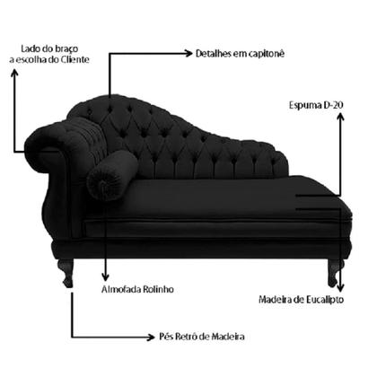 Imagem de Recamier Divã Namoradeira Larissa 185cm Direito de Quem Senta Suede Preto - INCASA DECOR