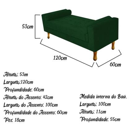 Imagem de Recamier Felix Divã Baú 120 cm Estofado Luiz XV Sofá 2 Lugares Suede Verde Para Sala de Estar Consultório Quarto Recepção Escritório - AM Decor